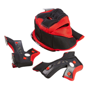 Der O'NEAL Liner & Cheek Pads BLADE Helm von O'NEAL, abgebildet auf weißem Hintergrund, verfügt über eine rot-schwarze Sportschutzausrüstung mit Netz- und Polstermaterialien sowie zwei Handgelenkschützern.