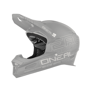 Der O'NEAL Liner & Cheek Pads FURY Helm ist ein schwarzer Fullface-Motocross-Helm mit Visier, auffälliger weißer "O'NEAL"-Grafik, modernem geometrischen Design und Belüftungsdetails für mehr Komfort.