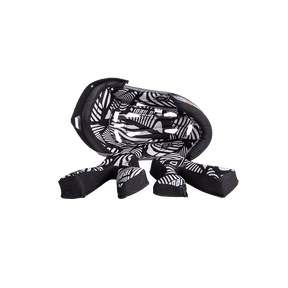 Der O'NEAL Liner & Cheek Pads FURY Helm von O'NEAL verfügt über geschwungene, gepolsterte, schwarz-weiß gemusterte Abschnitte für Komfort und Schutz im Helm. Abgebildet auf einem transparenten Hintergrund.