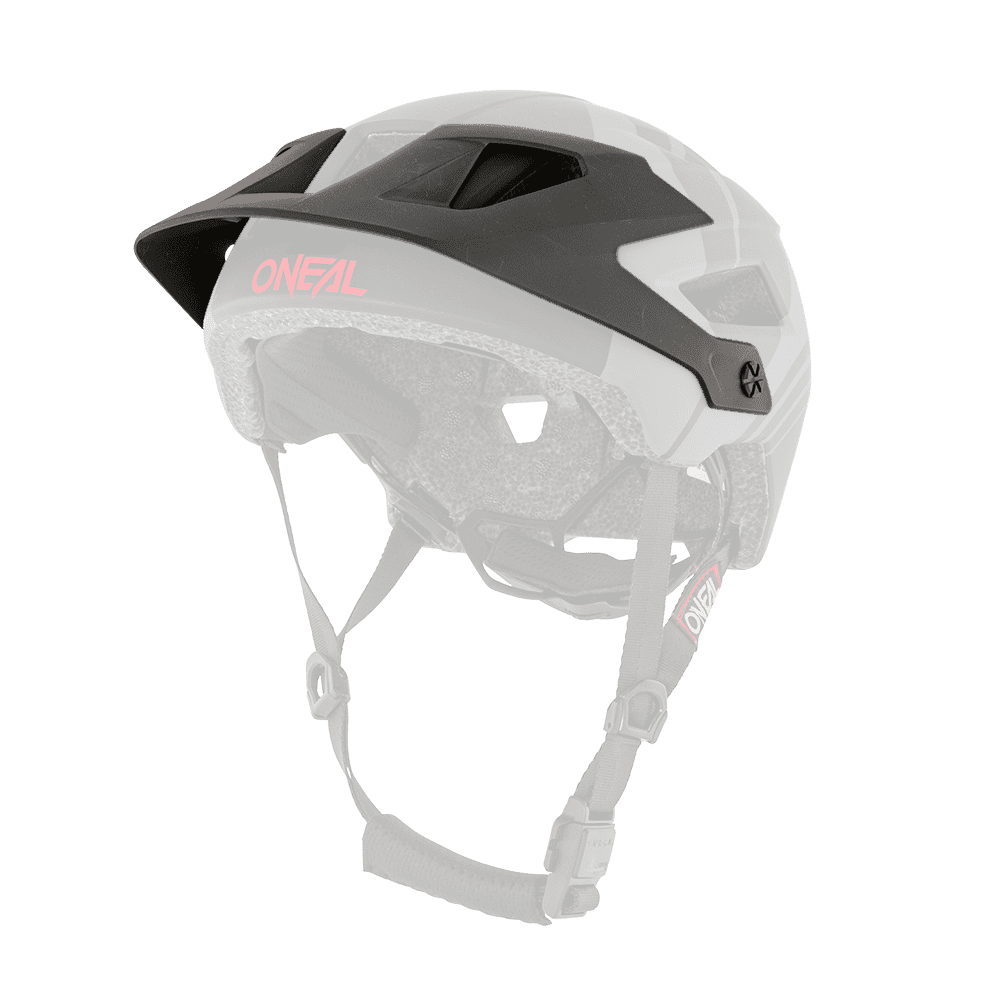 Der O'NEAL Visor DEFENDER Helmet NOVA ist ein schwarz-grauer Fahrradhelm mit Belüftungslöchern, einem Kinnriemen und rotem O'NEAL-Branding an der Seite.