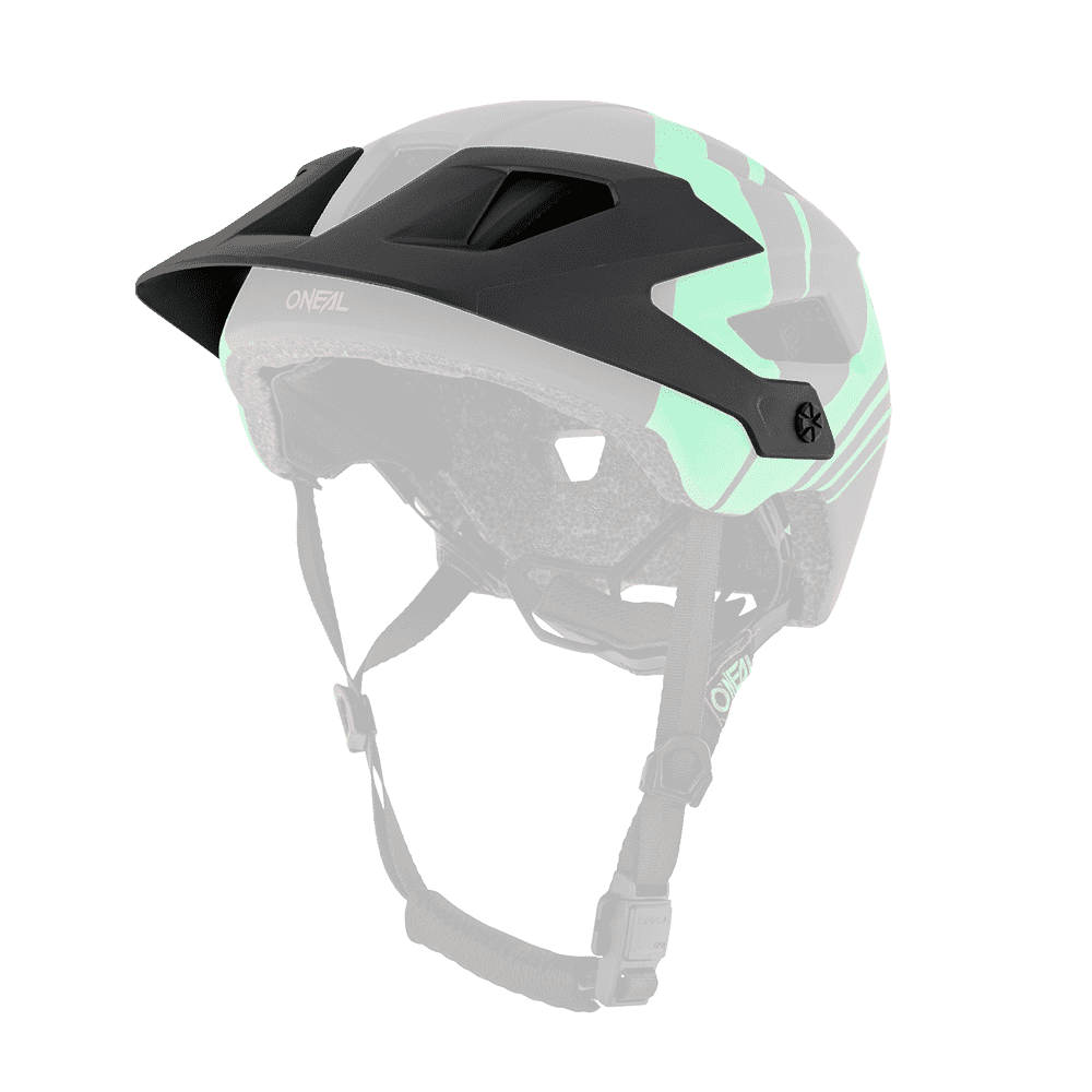Der O'NEAL Visor DEFENDER Helmet NOVA ist ein schwarz-grüner Fahrradhelm mit Belüftungslöchern, einem verstellbaren Kinnriemen und dem O'NEAL-Logo an der Seite.