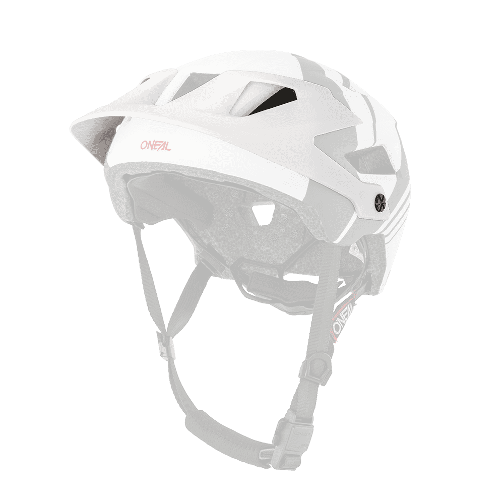 Der O'NEAL Visor DEFENDER Helm NOVA in Weiß und Schwarz verfügt über Belüftungslöcher, verstellbare Riemen und ein Visier. Abgebildet aus einem Dreiviertel-Winkel auf einem transparenten Hintergrund.