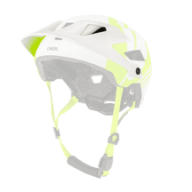 Der O'NEAL Visor DEFENDER Helmet NOVA ist ein weißer und neongelber Mountainbike-Helm mit Belüftungslöchern, verstellbarem Kinnriemen, schwarzer Innenpolsterung und dem O'NEAL-Logo auf der Rückseite.
