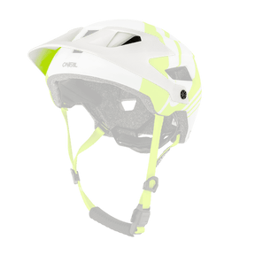 Il casco O'NEAL Visor Defender NOVA è un casco da mountain bike bianco e giallo neon con fori di ventilazione, mentoniera regolabile, imbottitura interna nera e logo O'NEAL sul retro.