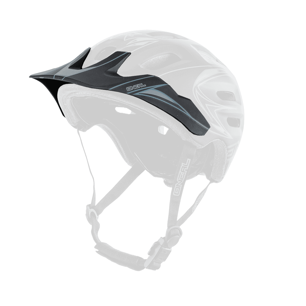Der O'NEAL Visor DEFENDER Helmet TRIBAL ist ein schwarz-grauer Fahrradhelm mit mehreren Belüftungsöffnungen, einem Visier und einem verstellbaren Kinnriemen.