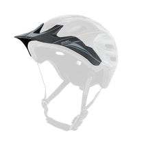 The O'NEAL Visor DEFENDER Helmet TRIBAL is a black and gray bike helmet with multiple ventilation openings, a visor and an adjustable chin strap.