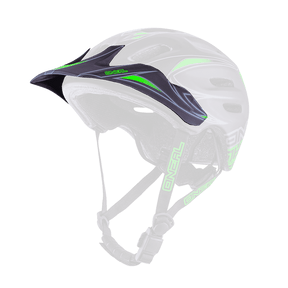 Il casco O'NEAL Visor Defender TRIBAL è un casco da mountain bike nero e verde con mentoniera regolabile, visiera frontale e aperture di ventilazione.