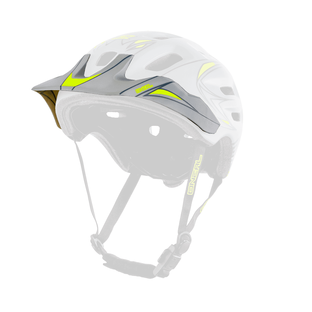 Der O'NEAL Visor DEFENDER Helmet TRIBAL ist ein leichter, grau-gelber Outdoor-Radhelm mit Belüftungsöffnungen, einem Visier und einem verstellbaren Kinnriemen für mehr Sicherheit.
