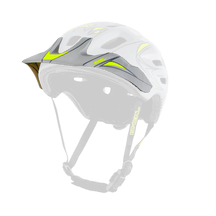 The O'NEAL Visor DEFENDER Helmet TRIBAL is a lightweight, gray-yellow outdoor bike helmet with ventilation openings, a visor and an adjustable chin strap for more safety.