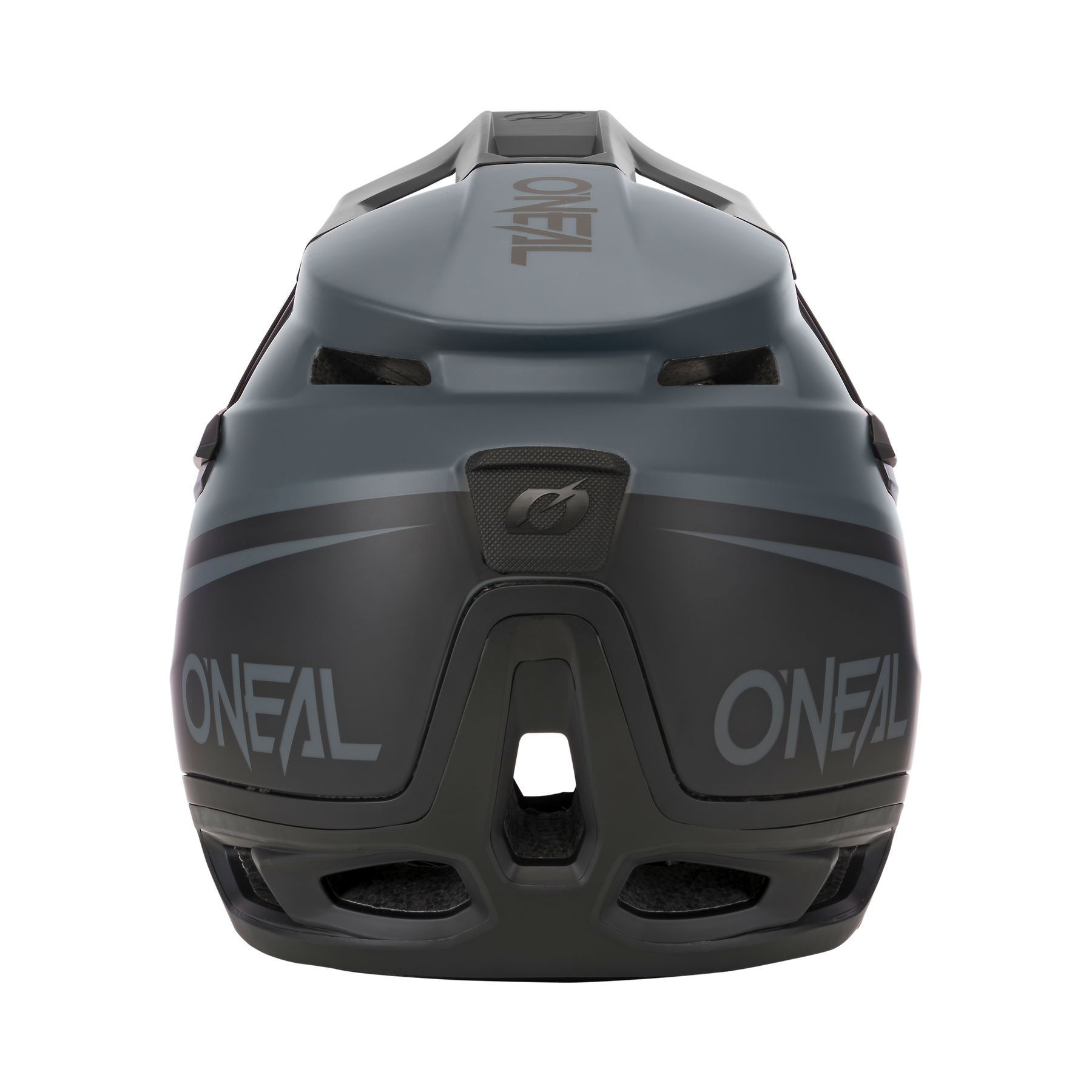 Eine Rückansicht des O'NEAL TRANSITION Helm FLASH, ein mattgrauer Integralhelm mit Belüftungsöffnungen und O'NEAL-Logo auf der Rückseite, der für optimalen Schutz konzipiert wurde.