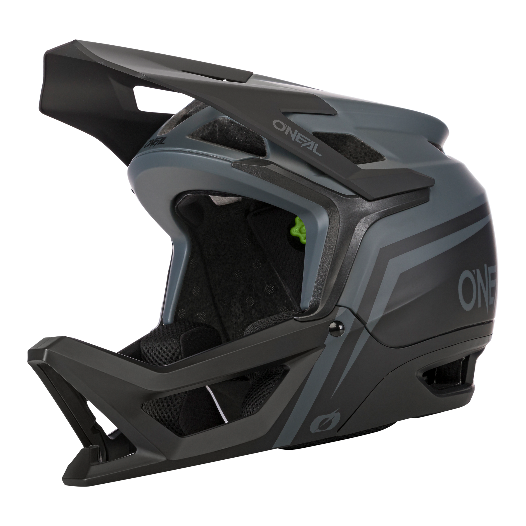 Der O'NEAL TRANSITION Helm FLASH ist ein mattschwarzer und grauer Fullface-Mountainbike-Helm mit großem Visier, Kinnschutz, mehreren Belüftungsöffnungen und einem auffälligen "O'NEAL"-Branding für optimalen Schutz.