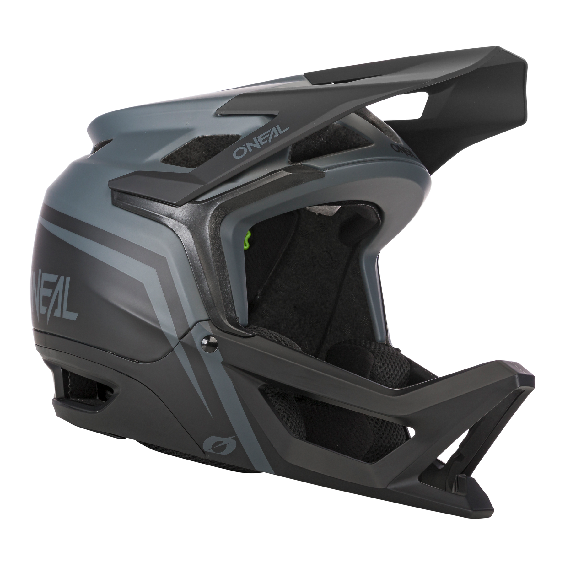 Der O'NEAL TRANSITION Helm FLASH von O'NEAL ist ein mattschwarzer und grauer Fullface-Mountainbike-Helm mit verlängertem Visier, Kinnschutz, aerodynamischem Design und auffälligem Seitenbranding für optimalen Schutz.