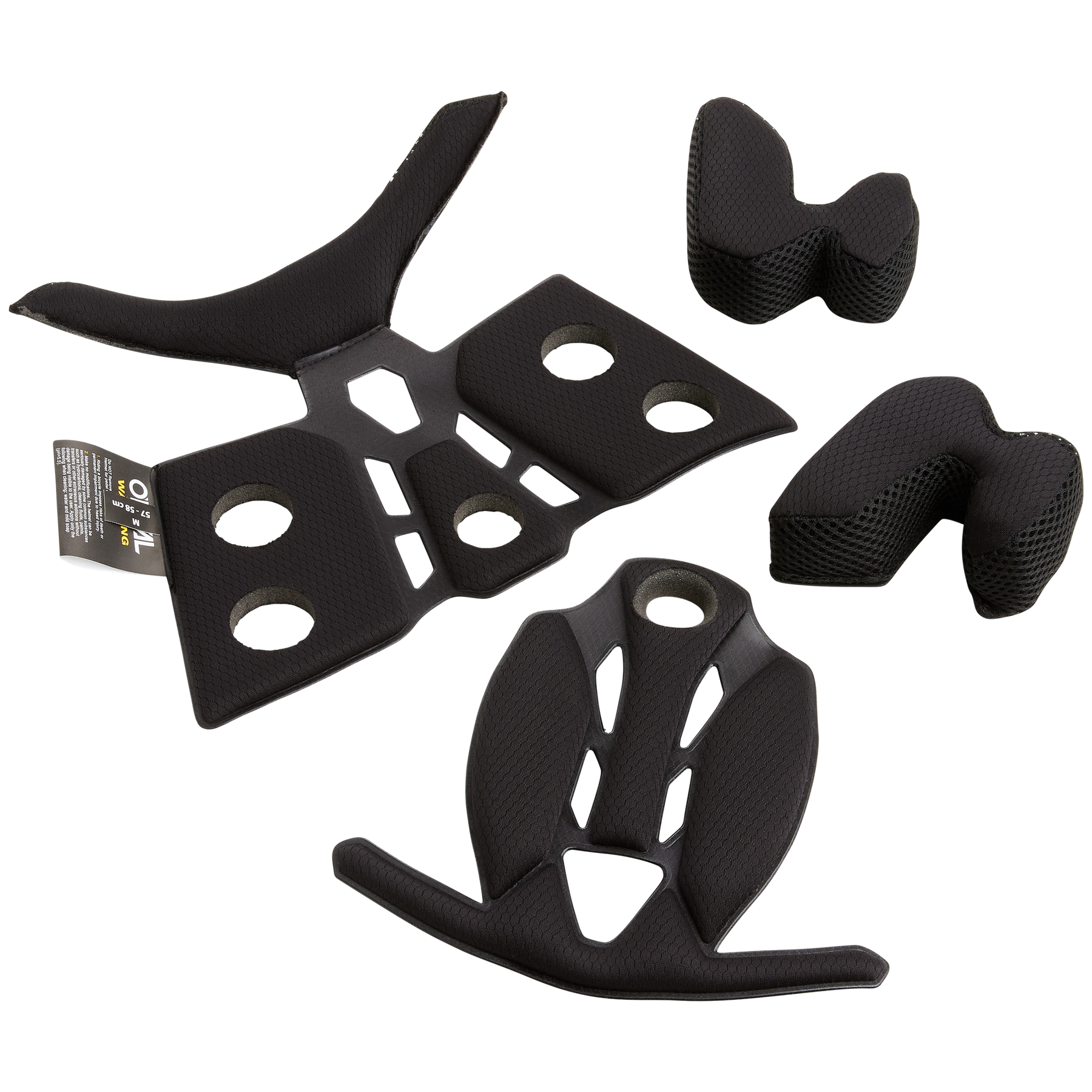 O'NEAL Liner & Cheek Pads TRANSITION Helm von O'NEAL, abgebildet in Schwarz mit gepolstertem Schaumstoff, Belüftungslöchern und netzartiger Textur, getrennt auf weißem Hintergrund dargestellt.