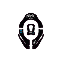 O'NEAL TRON Design Sticker Set SOLID, featuring black and white O'Neal branding with blue and white logo accents, designed for a stylish, ergonomic look to customize your motocross or biker gear.