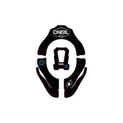 O'NEAL TRON Design Sticker Set SOLID, featuring black and white O'Neal branding with blue and white logo accents, designed for a stylish, ergonomic look to customize your motocross or biker gear.