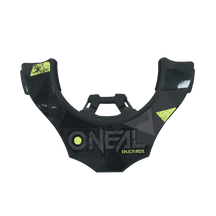 The O'NEAL Back Part TRON Neckbrace features a black and yellow geometric design with the words "O'NEAL ENJOY RIDE" on the front, ideal for motocross or cycling, displayed on a transparent background.