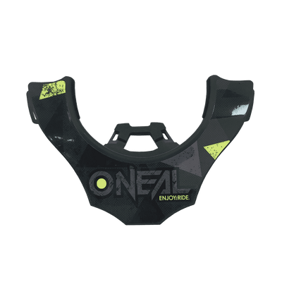Il Neckbrace O'NEAL Back Part TRON presenta un disegno geometrico nero e giallo con la scritta "O'NEAL ENJOY RIDE" sul davanti, ideale per il motocross o il ciclismo, visualizzata su uno sfondo trasparente.