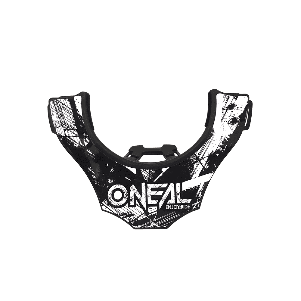 Das O'NEAL Back Part TRON Neckbrace ist eine schwarz-weiße Halskrause mit abstrakter Grafik, die das O'NEAL-Logo und "ENJOY RIDE" auf der Vorderseite zeigt.
