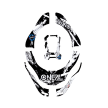El conjunto de adhesivos de diseño O'NEAL TRON SHOCKER presenta motivos grunge en blanco y negro, la inscripción "ONEAL" y varias formas sobre un fondo transparente.