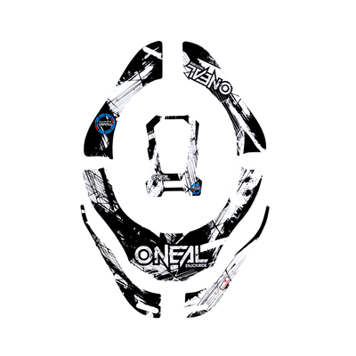 El conjunto de adhesivos de diseño O'NEAL TRON SHOCKER presenta motivos grunge en blanco y negro, la inscripción "ONEAL" y varias formas sobre un fondo transparente.