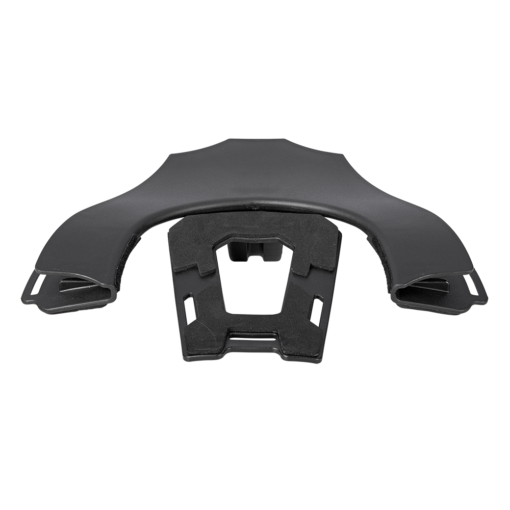 The O'NEAL Back Frame TRON Neckbrace is a black component with slots and cutouts shown from the front on a white background. This part serves as a bracket or support in the O'NEAL neckbrace assembly.