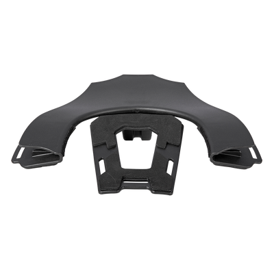 The O'NEAL Back Frame TRON Neckbrace is a black component with slots and cutouts shown from the front on a white background. This part serves as a bracket or support in the O'NEAL neckbrace assembly.