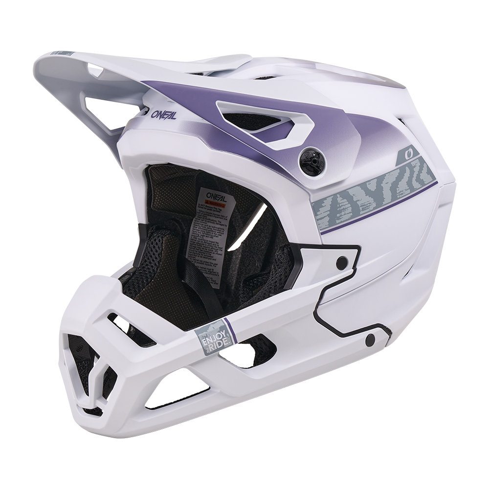 Der O'NEAL SL1 Helm TERRA in Weiß ist ein Fullface-Mountainbikehelm mit violetten Akzenten, Visier und schwarzem Innenpolster-perfekte Ausrüstung für optimalen Schutz auf dem Trail.