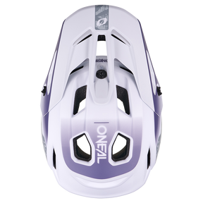 Vista dall'alto del casco O'NEAL SL1 TERRA in viola e bianco, con diverse aperture di ventilazione e il logo O'NEAL sul retro per una protezione e un equipaggiamento ottimali.