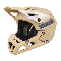 El casco O'NEAL SL1 TERRA es un casco integral para bicicleta de montaña de color arena con interior negro, aberturas de ventilación, visera, discretas bandas laterales y marca, que ofrece una protección óptima como equipamiento para terrenos exigentes.