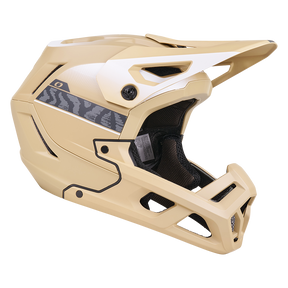 Il casco O'NEAL SL1 TERRA, un casco integrale da mountain bike beige con strisce nere e grigie, prese d'aria laterali e ampia visiera, offre protezione e caratteristiche ottimali, mostrate su sfondo bianco.