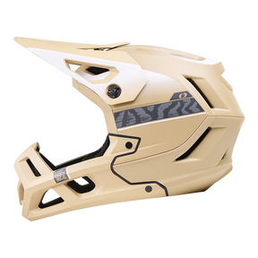 L'O'NEAL SL1 Helmet TERRA è un casco integrale da mountain bike beige con visiera bianca, strisce laterali nere e aperture di ventilazione angolari che offrono una protezione ottimale. Mostrato nel profilo destro su sfondo bianco, è l'equipaggiamento perfetto per ogni avventura.