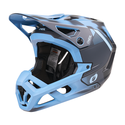 Il casco O'NEAL SL1 GLACIOR è un casco da mountain bike integrale blu con visiera, mentoniera, aperture di ventilazione e rivestimento interno imbottito. Il logo O'NEAL è sinonimo di attrezzature di alta qualità e di protezione ottimale durante la guida.