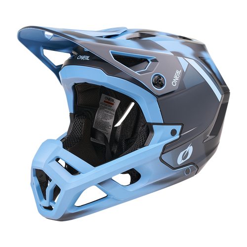 Le casque O'NEAL SL1 GLACIOR est un casque de VTT fullface bleu avec visière, protection du menton, ouvertures d'aération et doublure rembourrée. Le logo O'NEAL est synonyme d'équipement de qualité et de protection optimale lors de la conduite.
