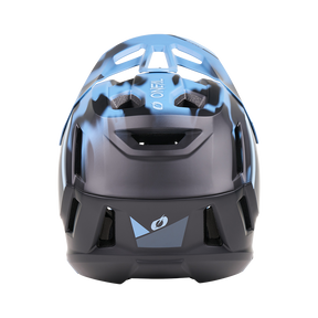 Vista posteriore del casco O'NEAL SL1 GLACIOR in nero e blu con fori di ventilazione, design geometrico e logo O'NEAL: l'equipaggiamento perfetto per una protezione ottimale in ogni corsa.