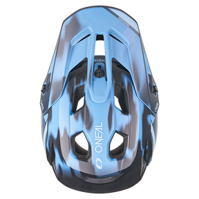 Una vista dall'alto del casco O'NEAL SL1 GLACIOR in blu e nero con fessure di ventilazione, il logo O'NEAL sul retro, che offre una protezione ottimale per la tua attrezzatura.