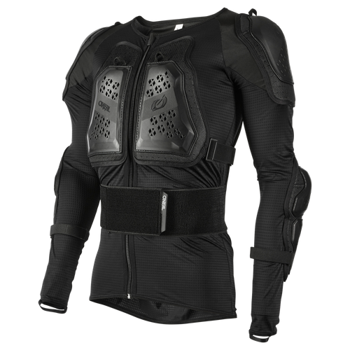 The O'NEAL UNDERDOG protector jacket for youths is a black padded protective jacket for children with hard plastic armor on the chest, shoulders and arms to protect against impacts. It has a front zipper and adjustable waist and arm straps.