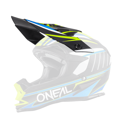 Le casque O'NEAL Visor 7SRS CHASER se caractérise par un design géométrique noir, bleu, jaune et blanc avec une grande visière et une grande inscription "O'NEAL" sur le côté. Le casque est représenté dans une vue de profil latérale.