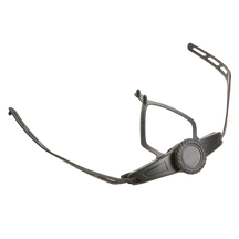 Der O'NEAL Retention System DIRT LID Helm von O'NEAL verfügt über ein schwarzes, verstellbares Kunststoff-Kopfband mit einem kreisförmigen Einstellrad an der Vorderseite für eine sichere Befestigung des Helms oder der Kopfbedeckung.