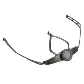 Der O'NEAL Retention System DIRT LID Helm von O'NEAL verfügt über ein schwarzes, verstellbares Kunststoff-Kopfband mit einem kreisförmigen Einstellrad an der Vorderseite für eine sichere Befestigung des Helms oder der Kopfbedeckung.