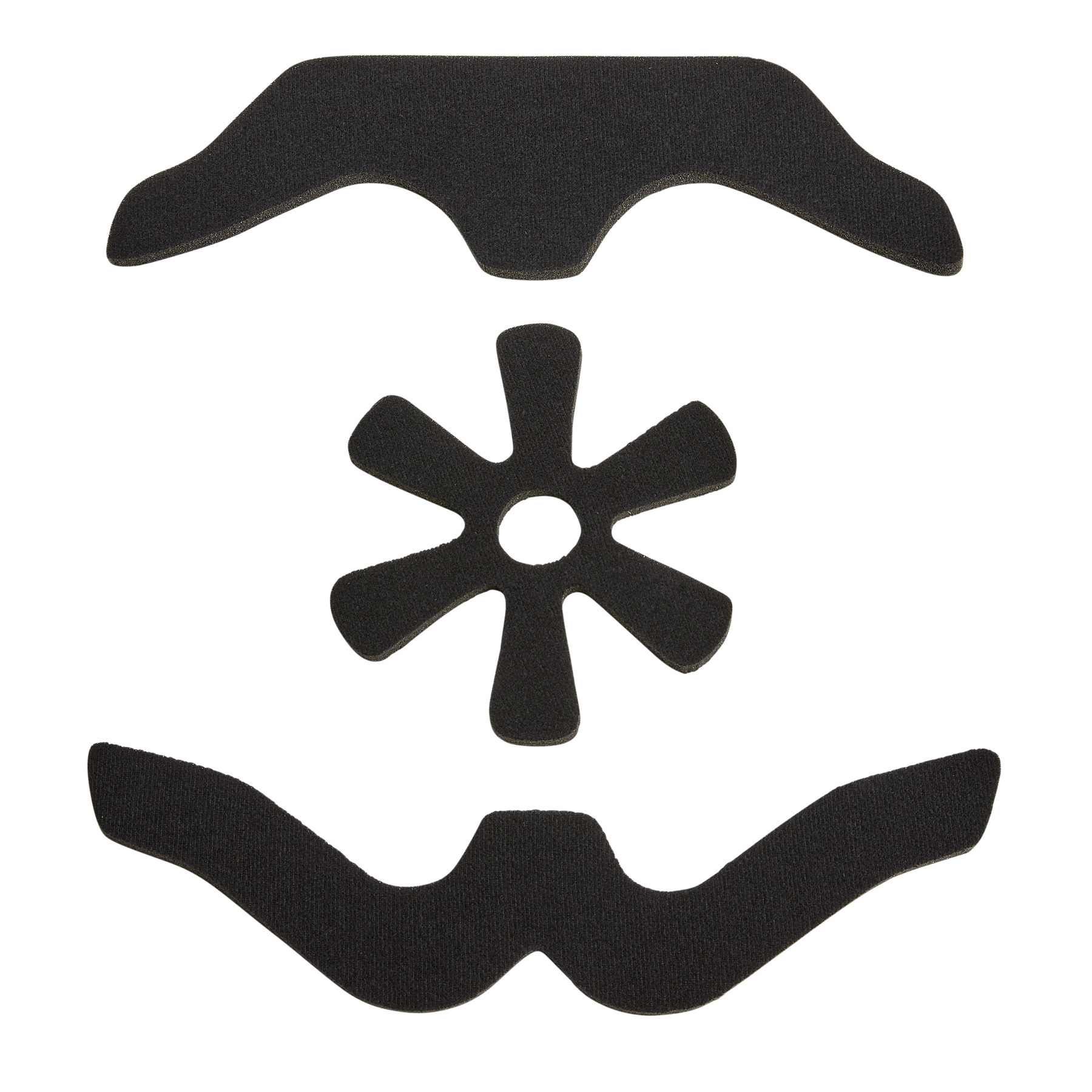 Das O'NEAL Liner DIRT LID Helmet Set von O'NEAL besteht aus drei schwarzen Schaumstoffpads - einem halbmondförmigen, einem mit acht Blütenblättern und einem gewellten Streifen - auf weißem Hintergrund.
