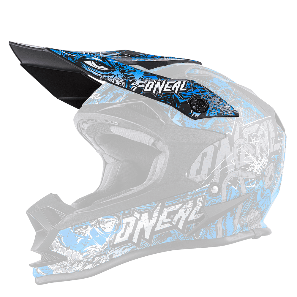 Der O'NEAL Visor 7SRS Helmet MENACE ist ein offener Motocross-Helm in Blau, Schwarz und Grau mit einem aerodynamischen Visier, auffälligen Grafiken und dem "O'NEAL"-Schriftzug an der Seite.