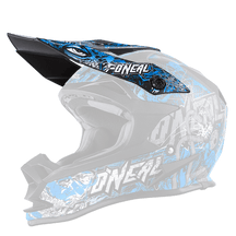 El Casco O'NEAL Visor 7SRS MENACE es un casco abierto de motocross en azul, negro y gris con una visera aerodinámica, gráficos llamativos y la inscripción "O'NEAL" en el lateral.