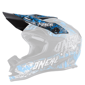El Casco O'NEAL Visor 7SRS MENACE es un casco abierto de motocross en azul, negro y gris con una visera aerodinámica, gráficos llamativos y la inscripción "O'NEAL" en el lateral.