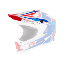 Der O'NEAL Visor 7SRS Helmet STRAIN ist ein Motocross-Helm mit rot-blau-weißem Design, O'NEAL-Logo und Visier. Er ist vor einem transparenten Hintergrund abgebildet.