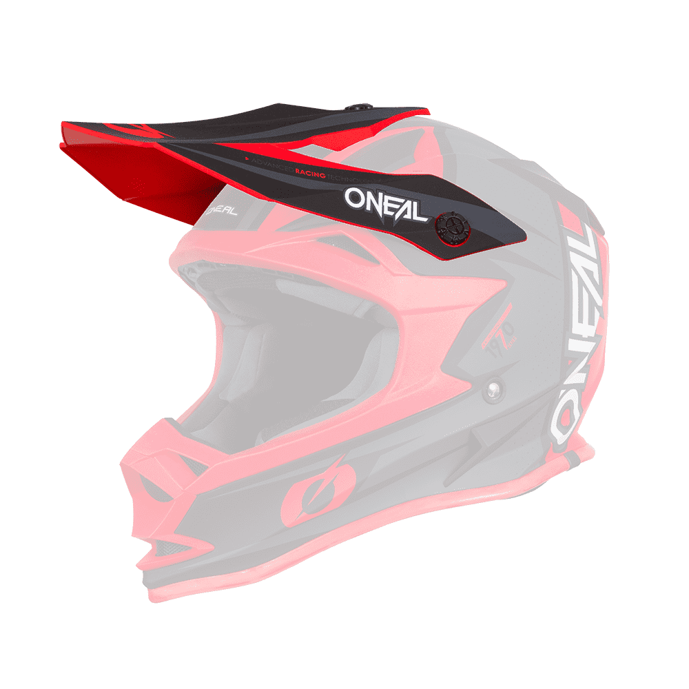 Der O'NEAL Visor 7SRS Helmet STRAIN ist ein schwarz-roter Fullface-Motocross-Helm mit auffälligem O'NEAL-Branding, kantigem Design, Belüftungsöffnungen und einem integrierten Visier für zusätzlichen Schutz.