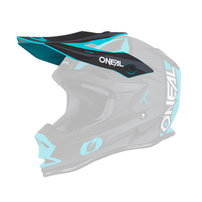 Der O'NEAL Visor 7SRS Helmet STRAIN ist ein schwarzer und blaugrüner Motocross-Helm mit dem weißen Schriftzug "O'NEAL" an den Seiten und auf dem Visier. Er verfügt über ein schlankes, aerodynamisches Design und einen Kinnschutz.