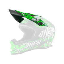 The O'NEAL Visor 7SRS MENACE helmet features eye-catching green, black and white graphics with "O'NEAL" on the side, a large visor and an open chin area.