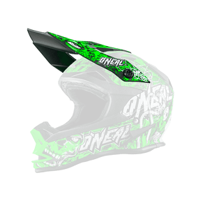 Le casque O'NEAL Visor 7SRS MENACE se caractérise par un graphisme voyant vert, noir et blanc avec "O'NEAL" sur le côté, une grande visière et une zone ouverte au niveau du menton.