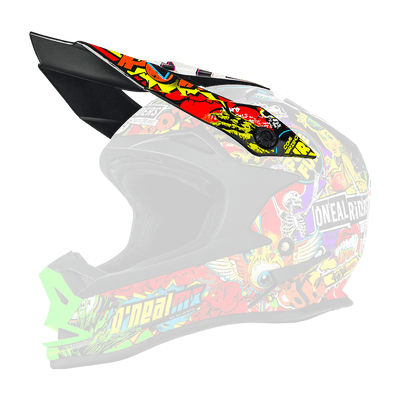 Le casque O'NEAL Visor 7SRS Helmet CRANK est un casque de motocross noir avec des graphiques vivants de style bande dessinée, des motifs voyants et des logos O'NEAL bleus et jaunes. Des points forts vert fluo accentuent la visière et la protection du menton.