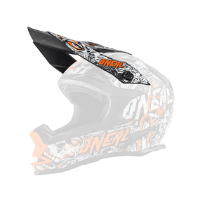 Le casque O'NEAL Visor 7SRS MENACE se caractérise par un design noir et blanc avec des accents orange vif, l'inscription "O'NEAL", un graphisme élaboré de tête de mort, une grande visière et une protection du menton.